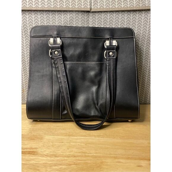 PERLINA BLACK GENUINE LEATHER THREE COMPARTMENTS BUSINESS TOTE SHOULDER BAG - Picture 1 of 9